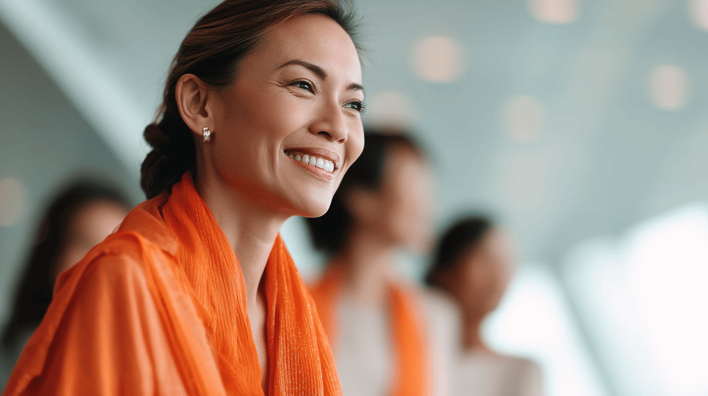 Smiling woman in an orange scarf with blurred figures in the background, showcasing a modern, bright environment.