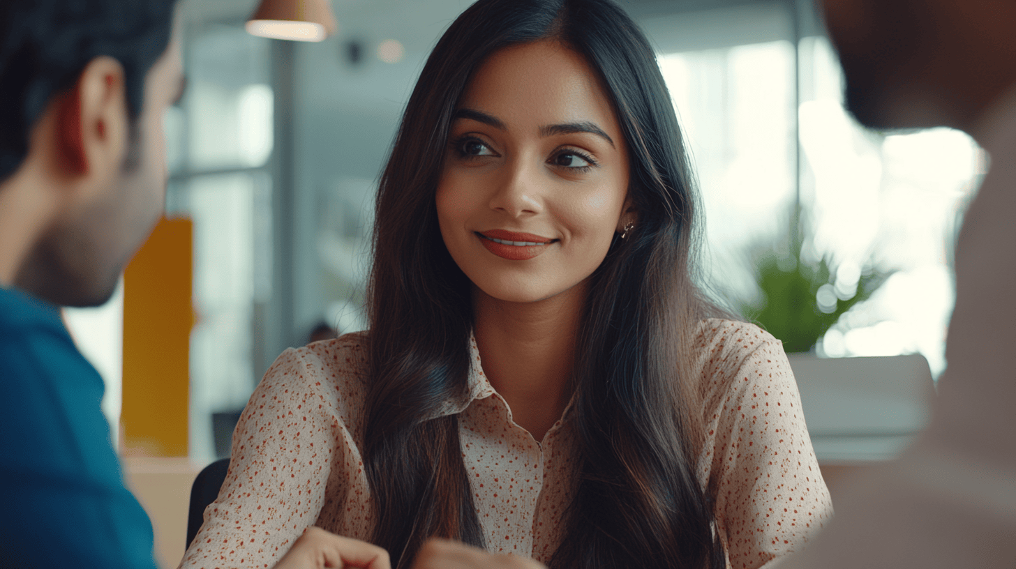 A woman with long dark hair smiles while seated at a table, two people partially visible beside her in a bright, modern setting.