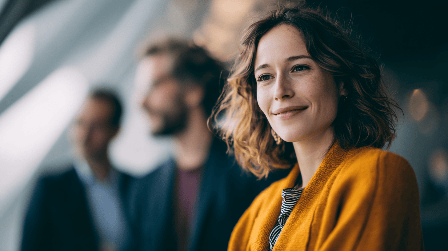 A smiling woman with curly hair, wearing an orange sweater, is in focus with two blurred figures in the background.
