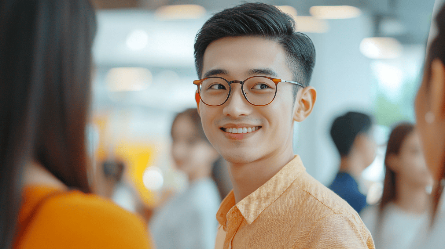 A smiling young man in glasses and a yellow shirt engages with others in a bright, modern setting.