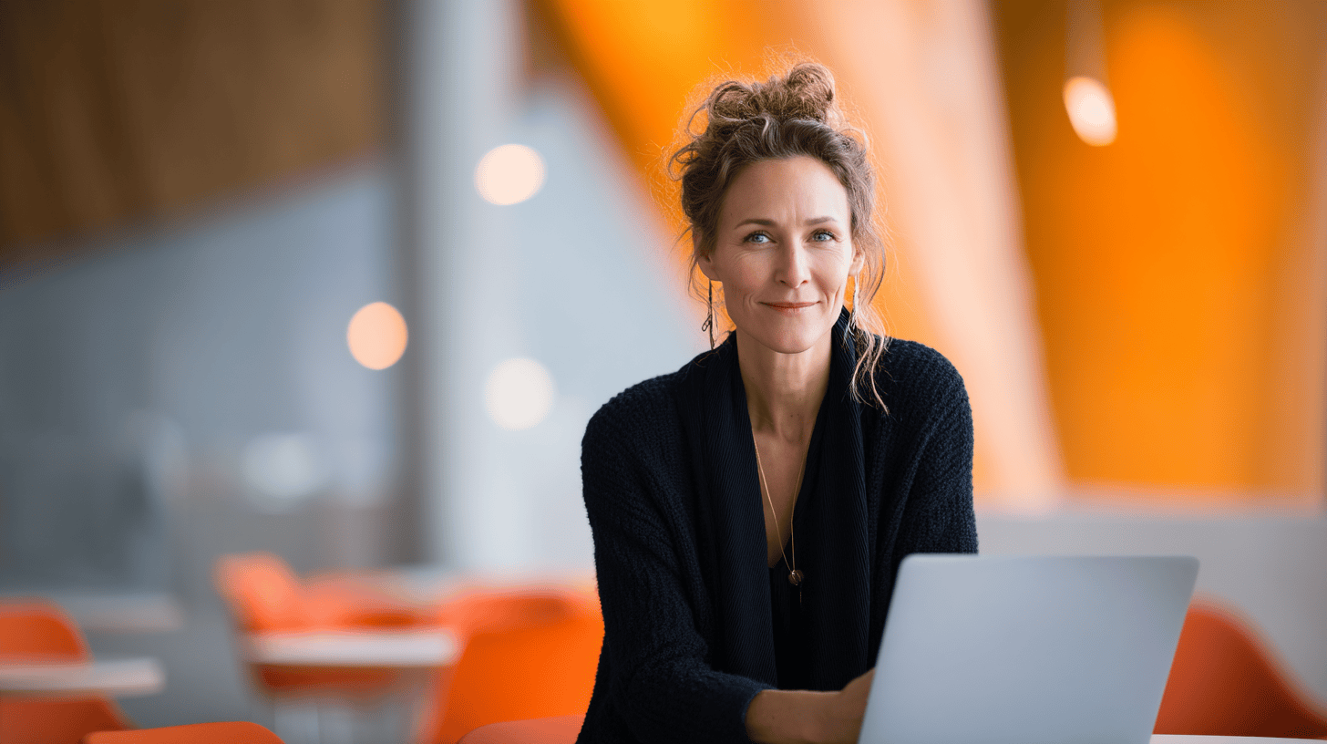 A woman with curly hair smiles at the camera while sitting at a table with a laptop, in a brightly lit modern space.