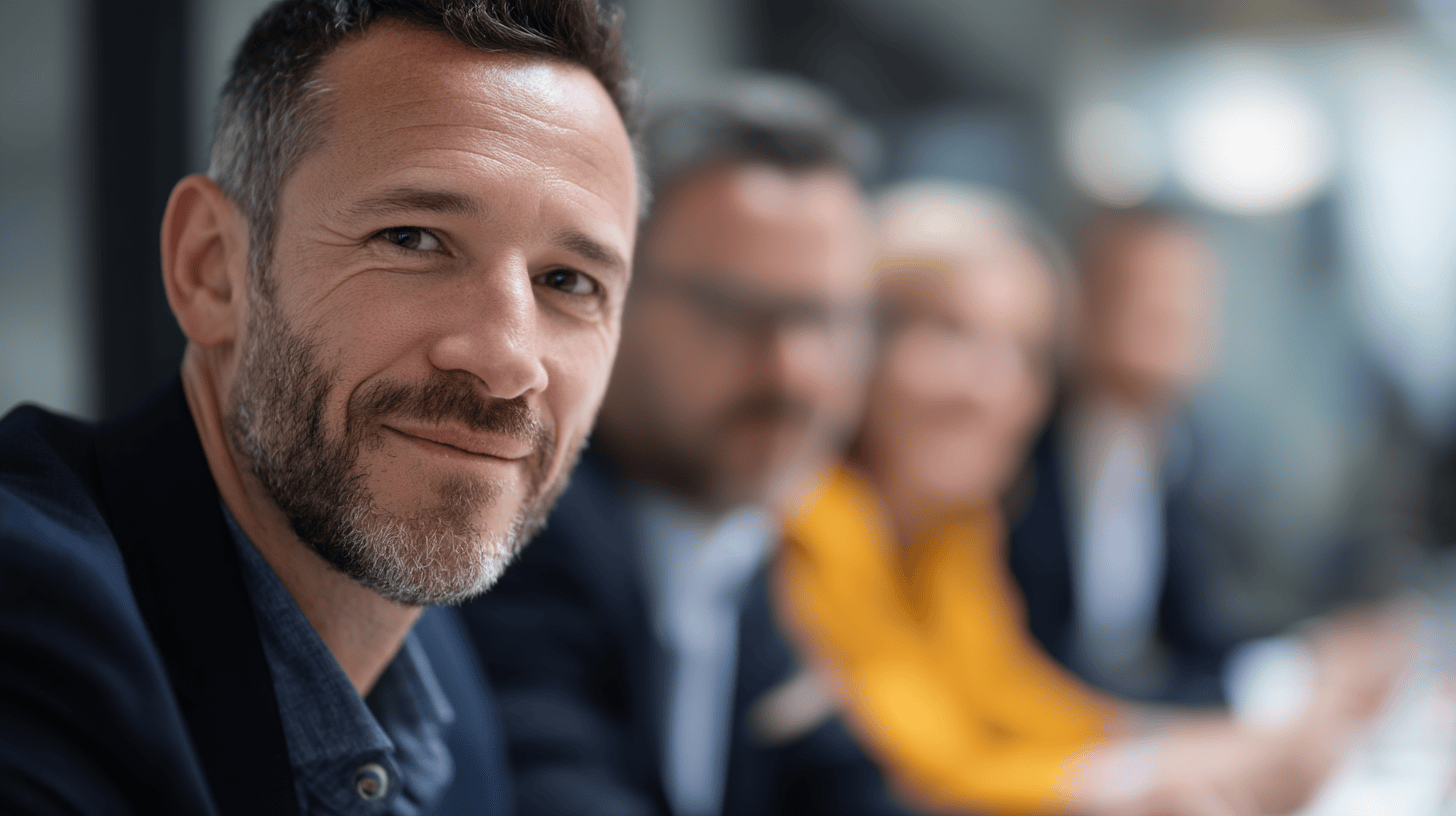 A smiling man with a beard sits at a long table, with blurred colleagues in the background.