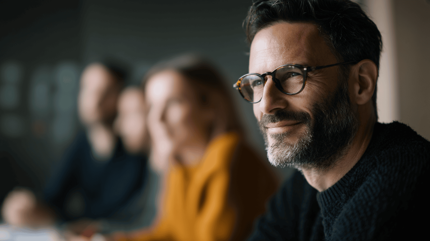 A man with glasses smiles while seated at a table during a meeting, with blurred colleagues in the background.