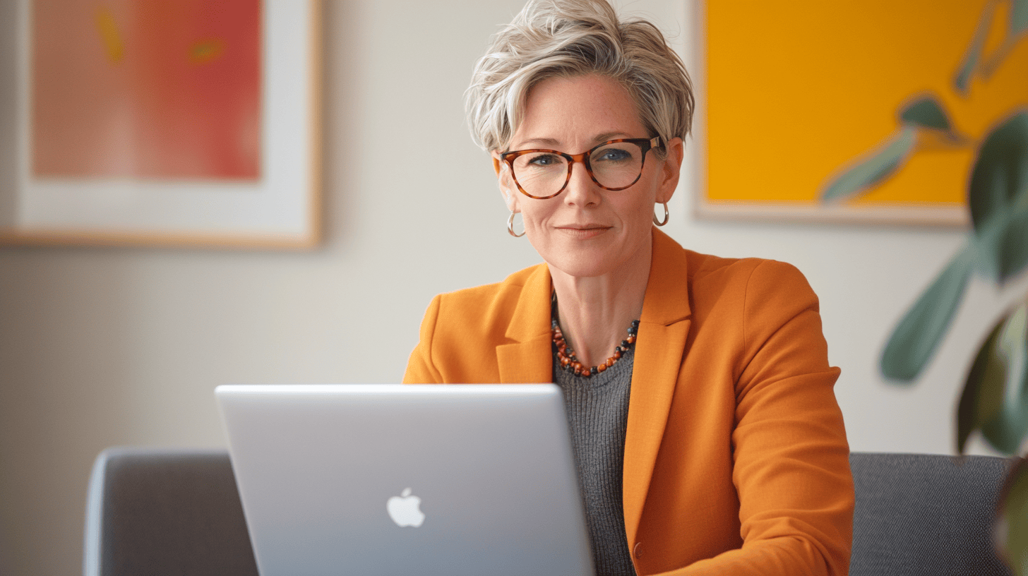 A woman in an orange blazer sits at a desk with a laptop, smiling confidently at the camera.