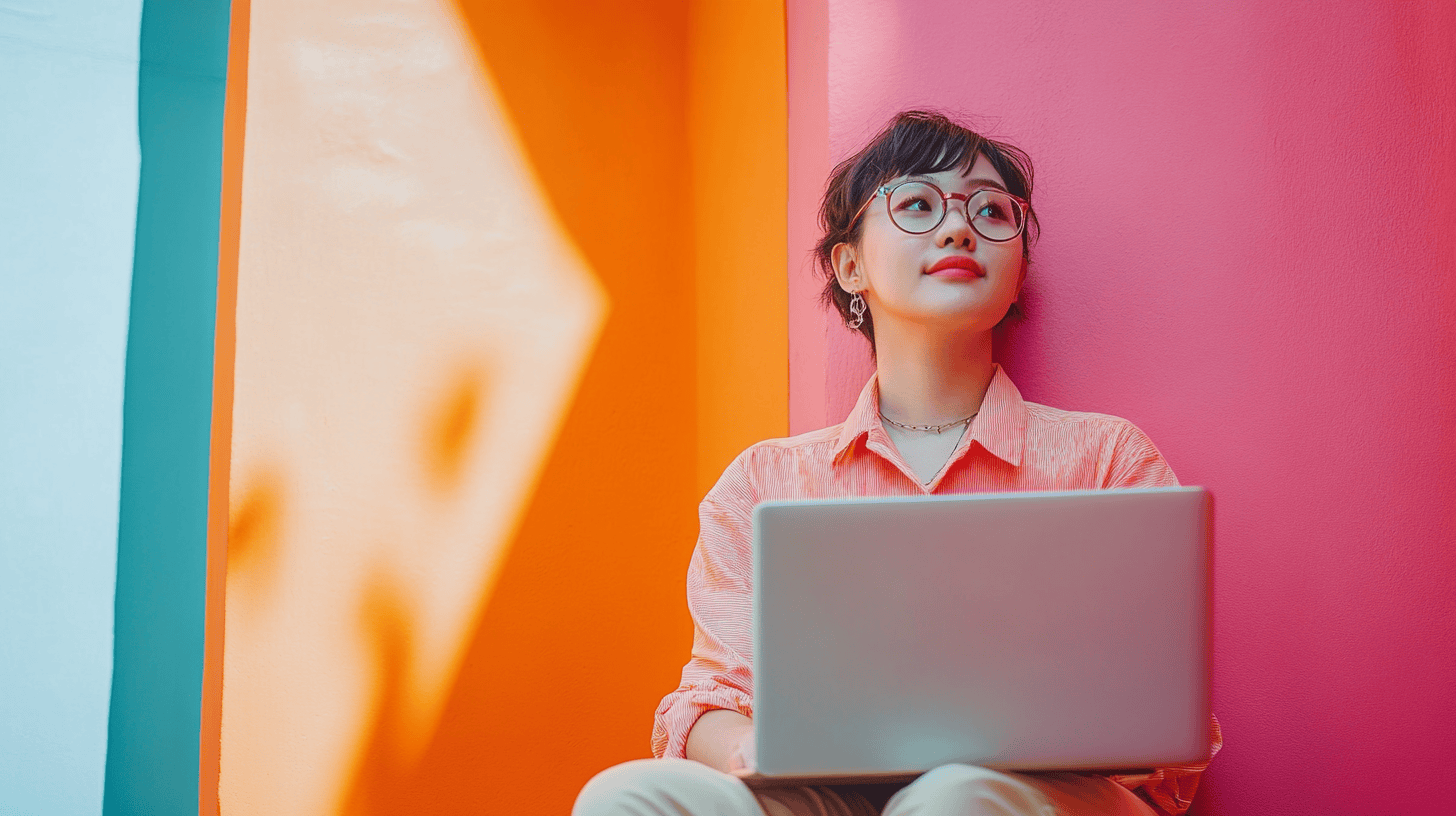 A young woman with glasses sits against colorful walls, holding a laptop, appearing thoughtful and relaxed.