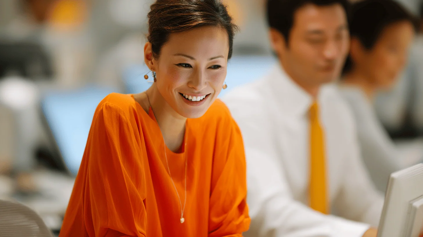 Smiling woman in an orange blouse sits at a desk in a modern office with colleagues visible in the background.