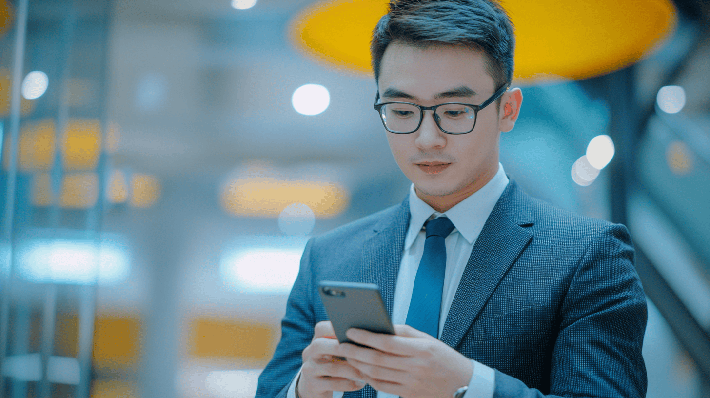 A man in a suit and glasses looks at his smartphone, with blurred modern office background and soft lighting.