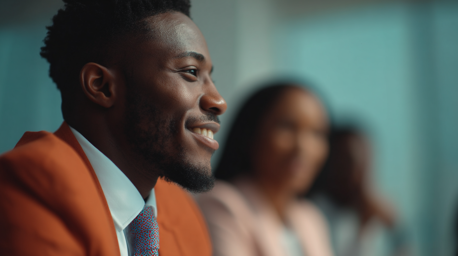 A man in an orange jacket smiles, sitting alongside blurred colleagues in a professional setting.