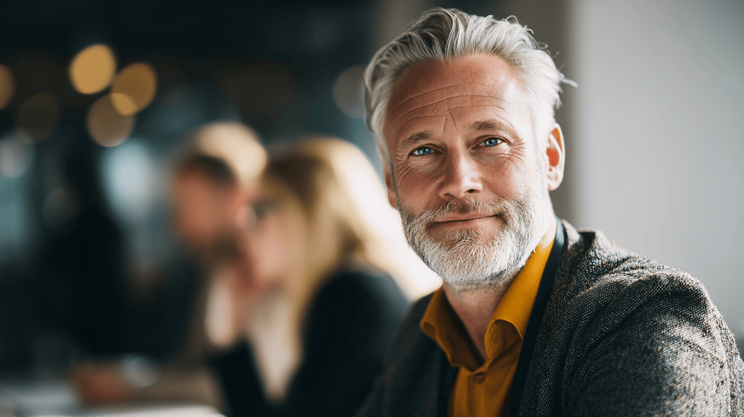 A smiling man with gray hair and a beard, wearing a dark jacket and yellow shirt, is seated in a bright, blurred environment.