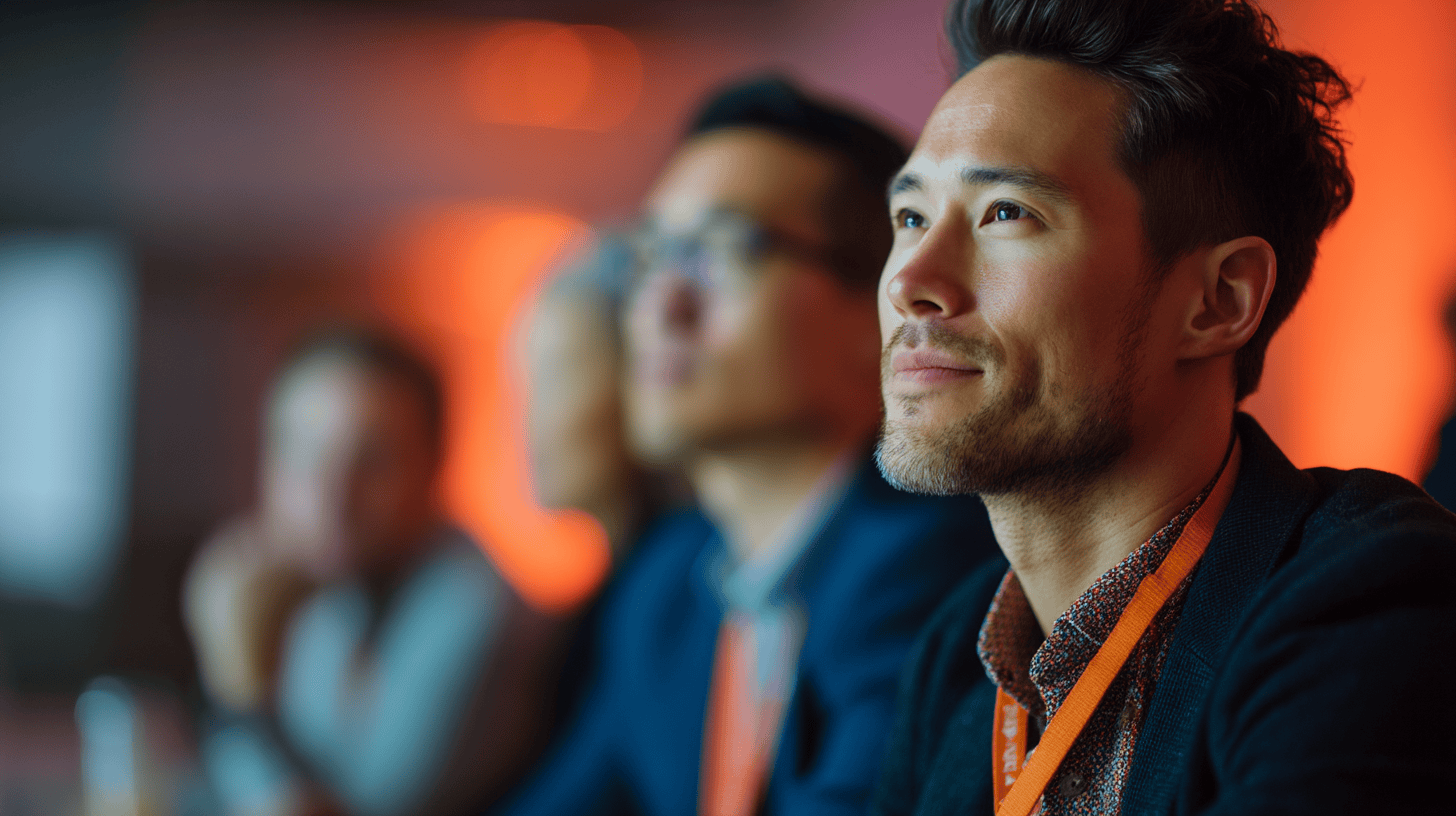 A focused man with a thoughtful expression listens intently among blurred attendees in a warmly lit event setting.