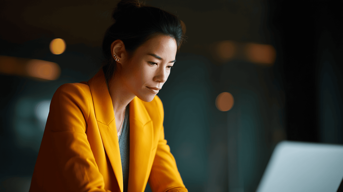 A woman in an orange blazer focuses intently on a laptop in a softly lit modern workspace.