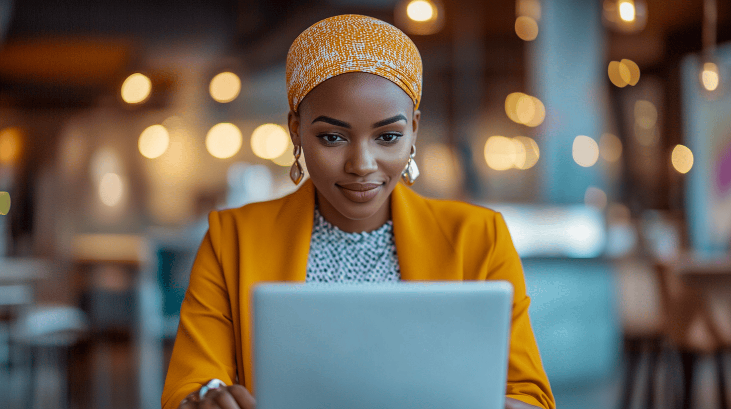 A woman in an orange blazer and headscarf smiles at her laptop in a cozy café with warm, blurred lights.
