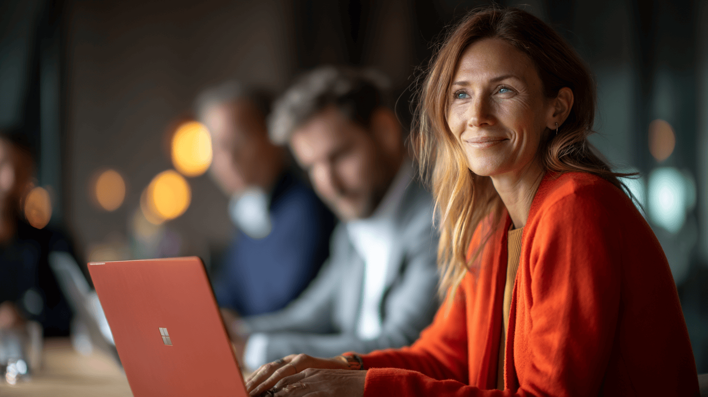 A woman in an orange cardigan smiles while using a red laptop, with blurred colleagues in the background.