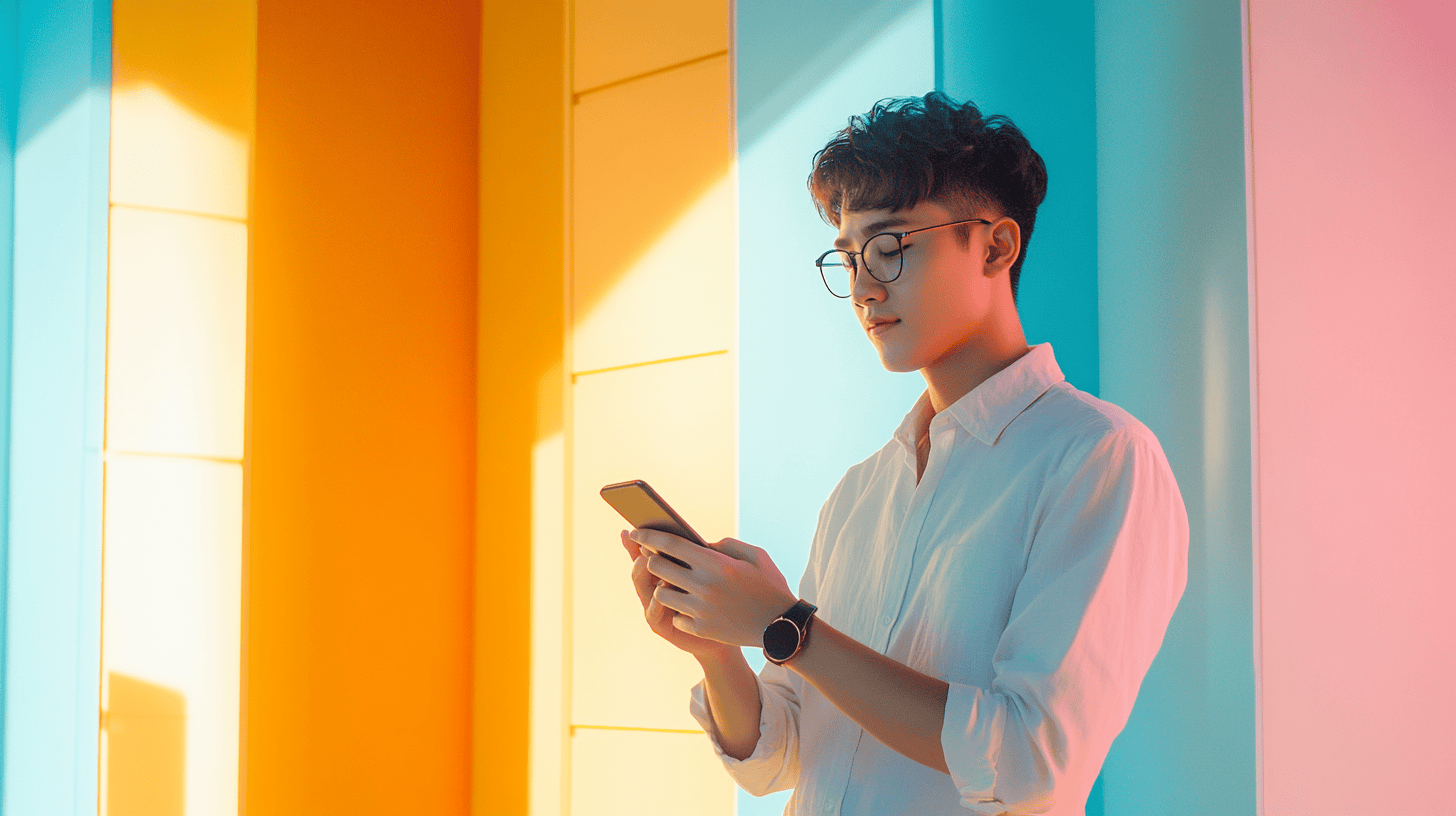 A young person wearing glasses stands against colorful walls, holding a smartphone in a well-lit space.