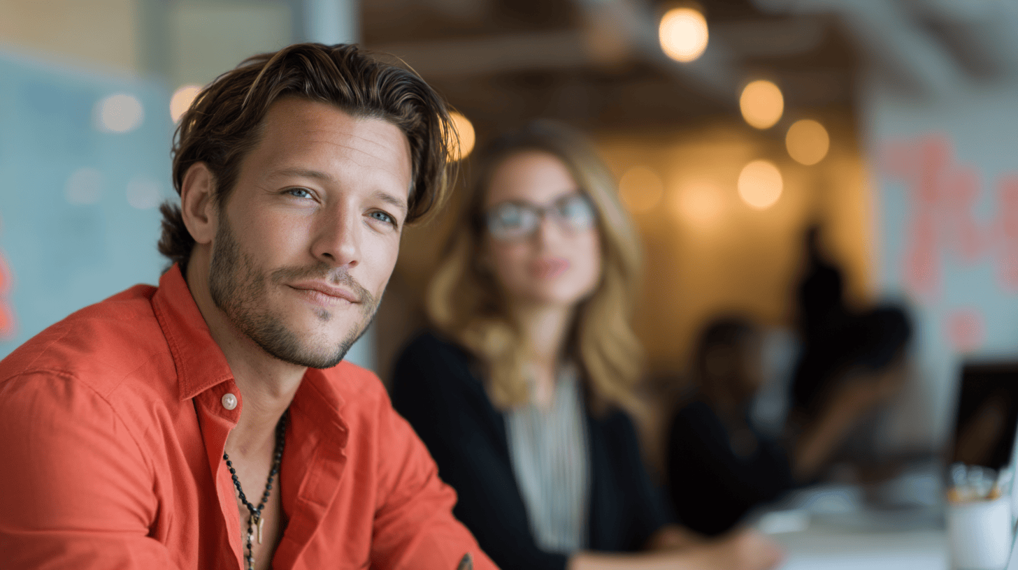 A man in a red shirt sits smiling, with a woman in glasses blurred in the background, in a modern office space.