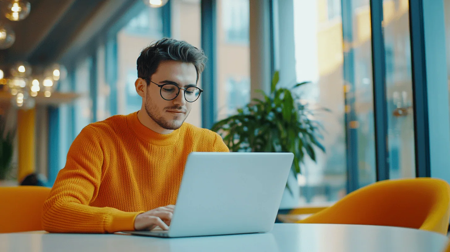 A man in an orange sweater works on a laptop at a bright, modern workspace with large windows and greenery.