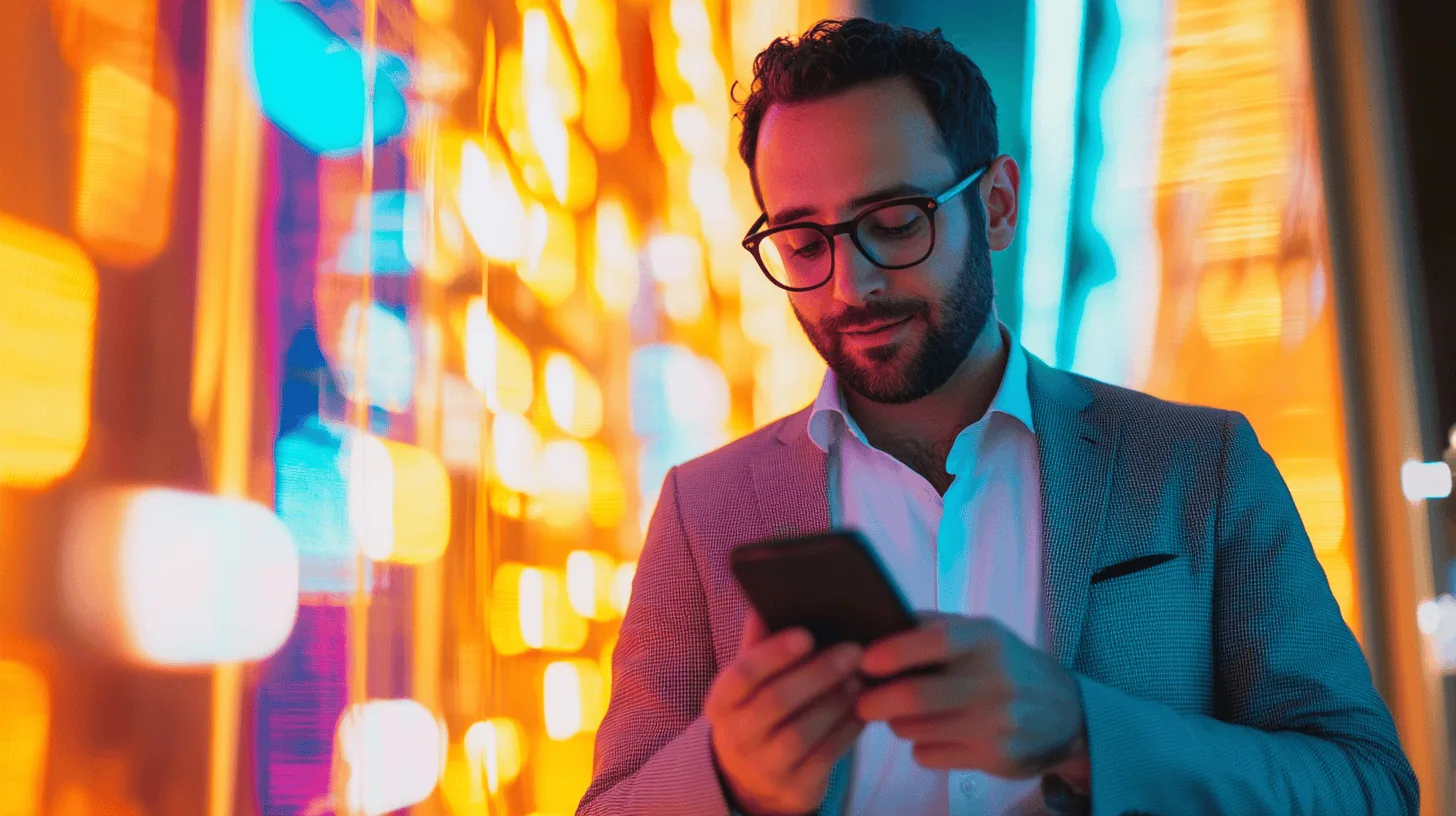 A man in glasses checks his phone against a vibrant, illuminated background of orange and blue lights.