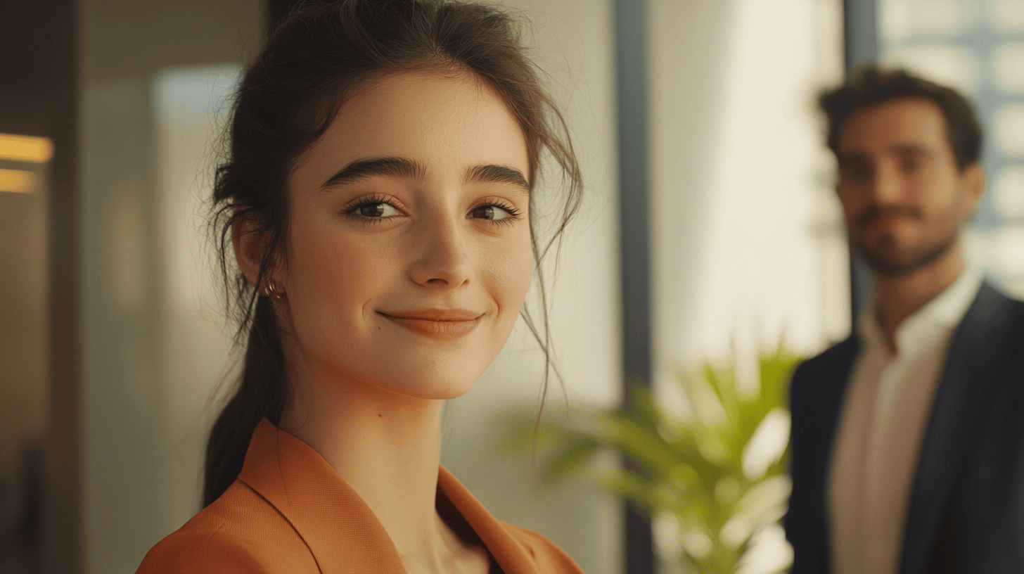 A young woman smiles in a bright office, with a blurred man and green plant in the background.
