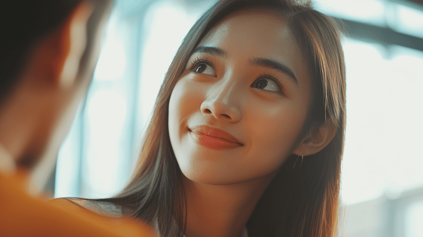 A smiling young woman with long hair gazes upwards, illuminated by soft light in a bright setting.