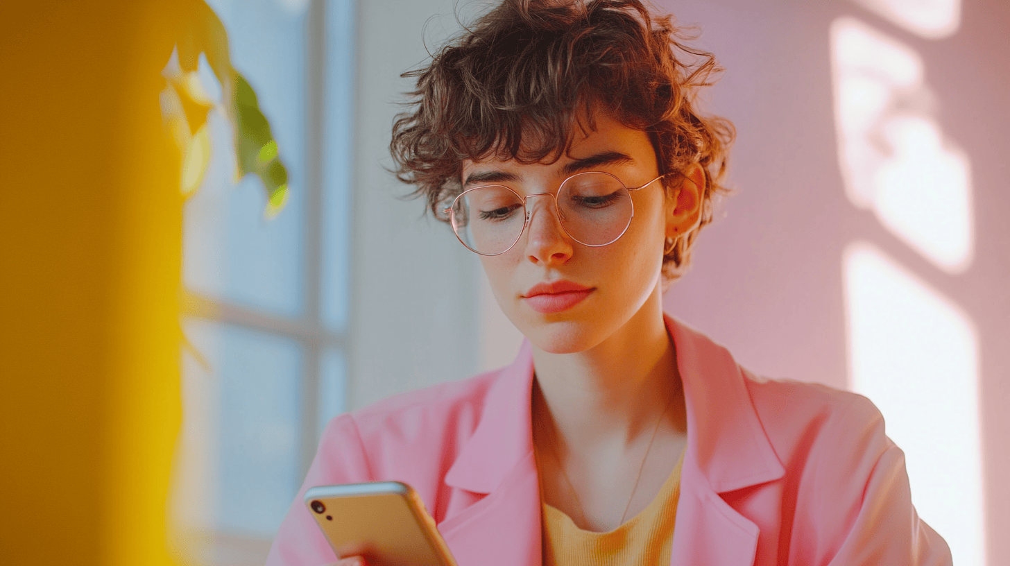 A person with curly hair and glasses examines a smartphone, wearing a pink jacket in a bright indoor setting.