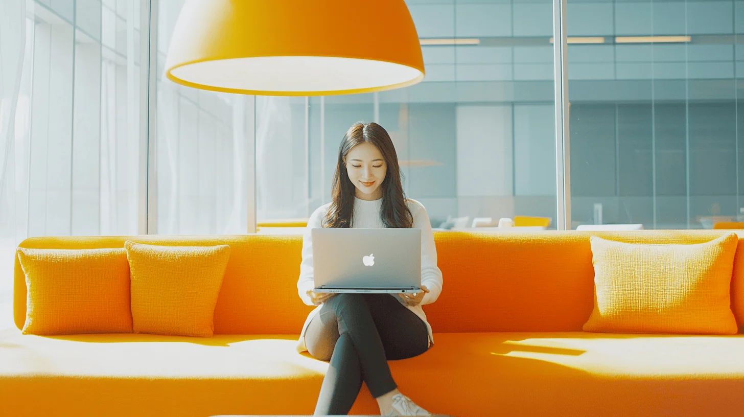 A woman sits on an orange couch, working on a laptop with a large pendant light overhead. Bright, airy office ambiance.