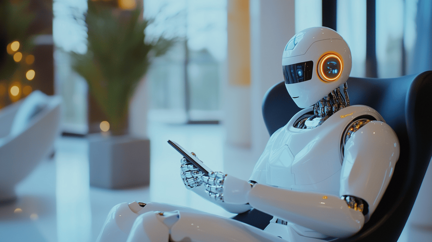 A sleek, humanoid robot sits in a modern chair, holding a tablet in a bright, airy space with plants and soft lighting.