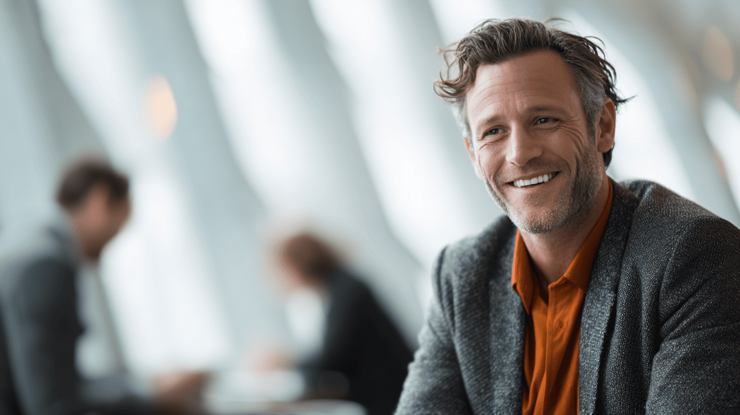 A smiling man in a gray blazer and orange shirt sits at a table, with blurred figures in the background.