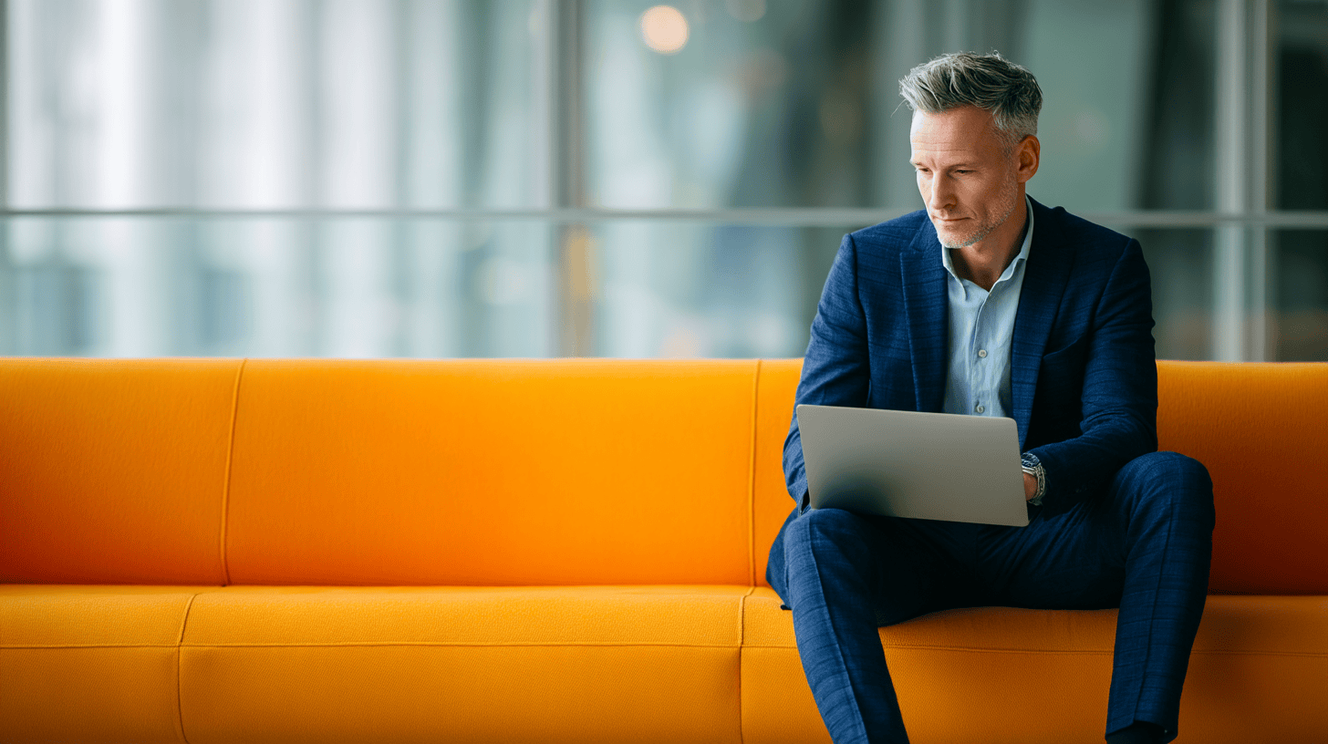 A man in a blue suit sits on an orange couch, working on a laptop in a modern, well-lit space.