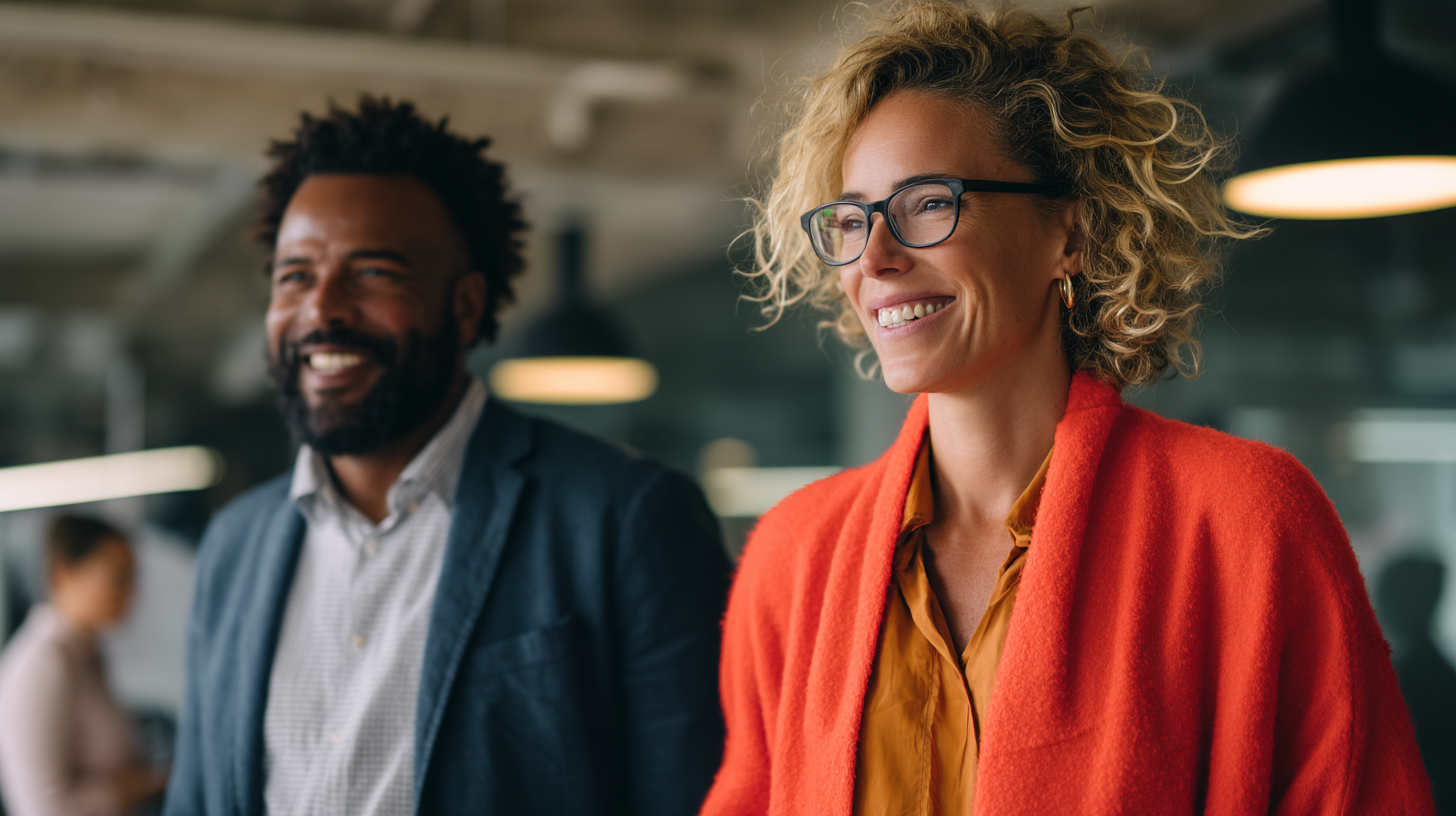 Two smiling professionals, one with curly hair in an orange sweater and the other with a beard, stand in an office setting.