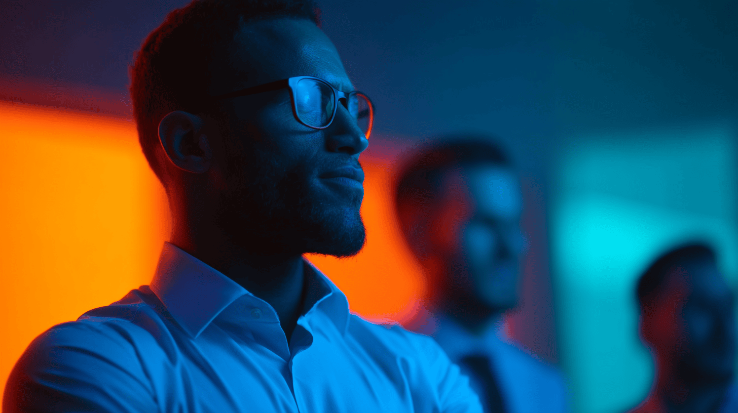 A man in glasses stands in profile, surrounded by a softly lit blue and orange background.