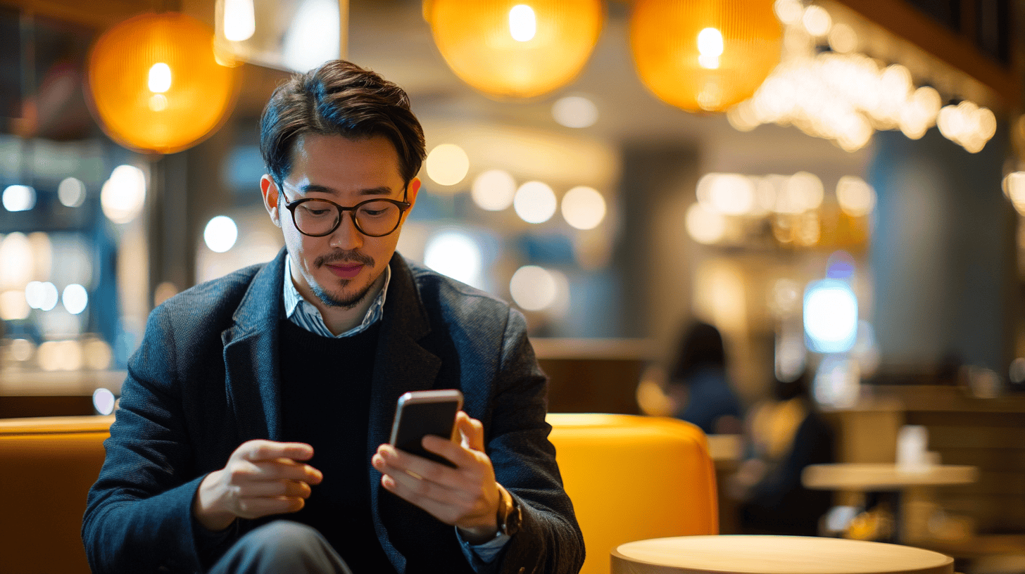 A man in glasses sits on a yellow couch, focused on his phone, with warm lighting and blurred background elements.