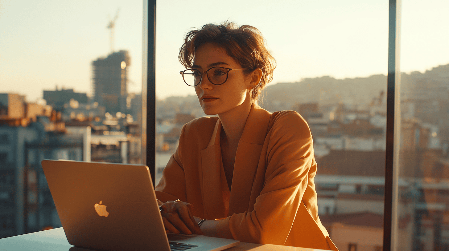 A woman in a yellow blazer and glasses works on a laptop, with a city skyline and sunset in the background.