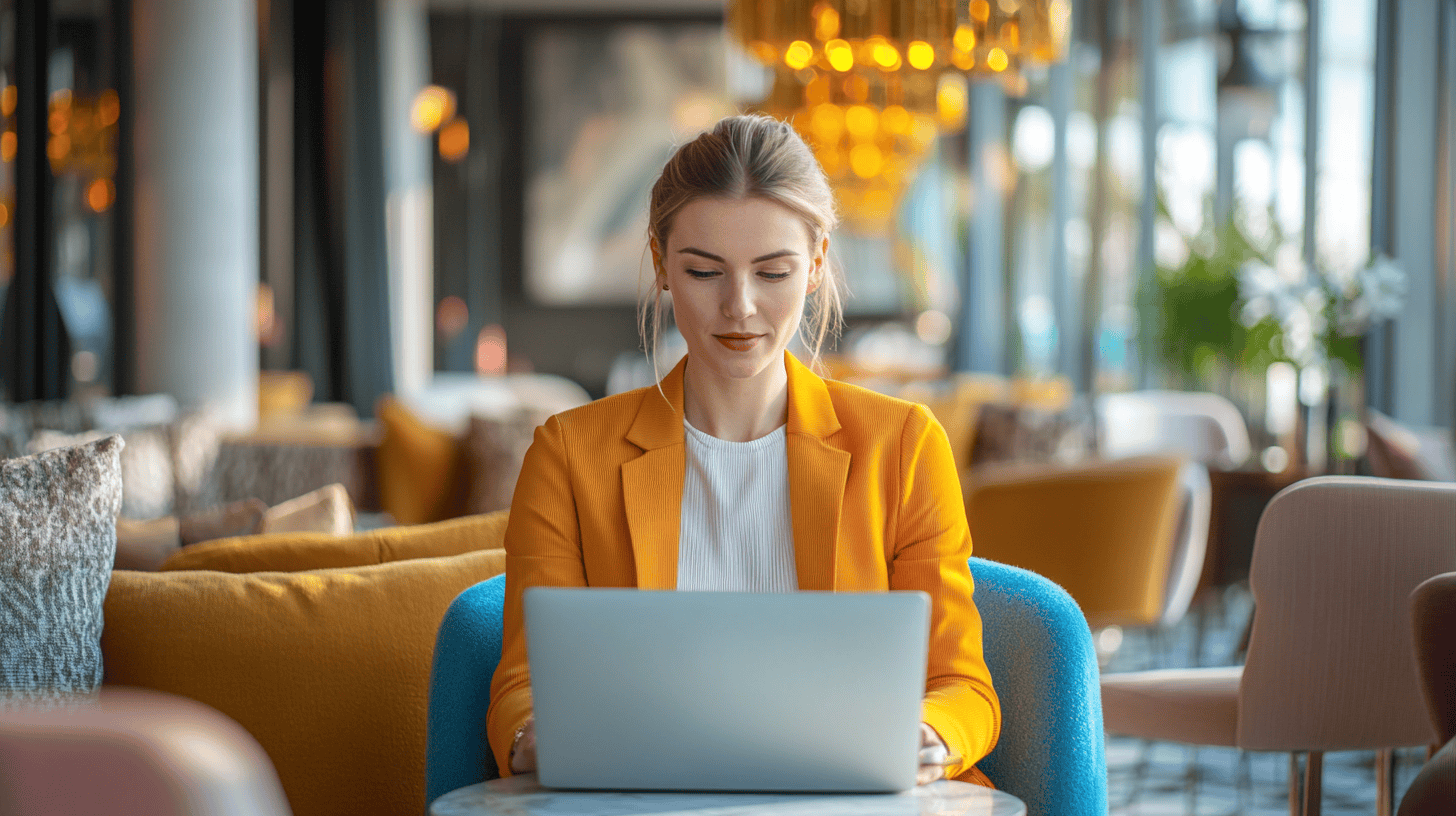 A woman in an orange blazer sits at a table, focused on her laptop in a stylish cafe with colorful furnishings.