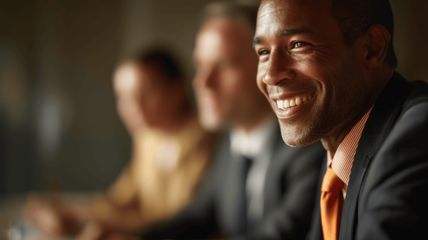 A smiling man in a suit sits at a table with two blurred colleagues, creating a professional atmosphere.