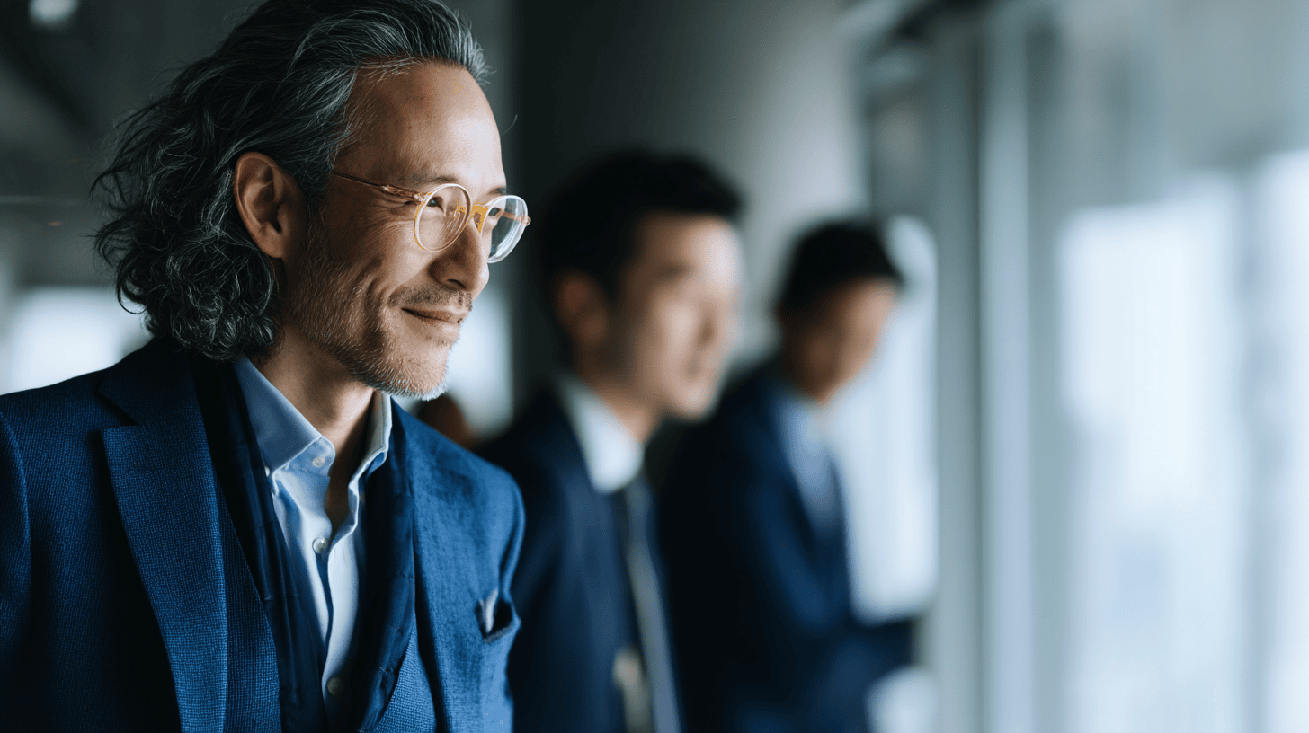 A smiling man in a blue suit and glasses stands beside two out-of-focus individuals, looking out a large window.