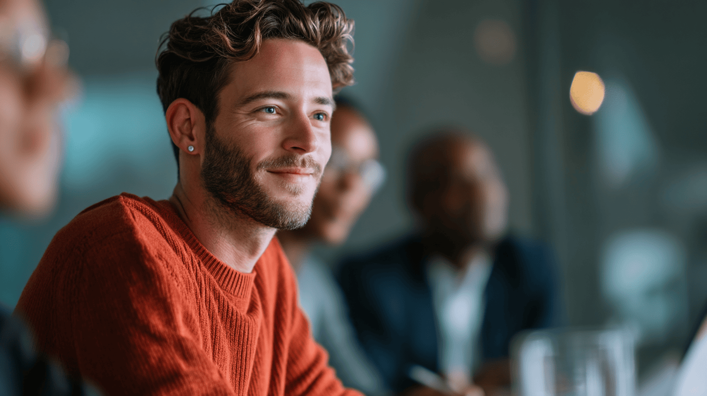 A man with curly hair and an orange sweater smiles, seated among blurred individuals in a bright, modern setting.