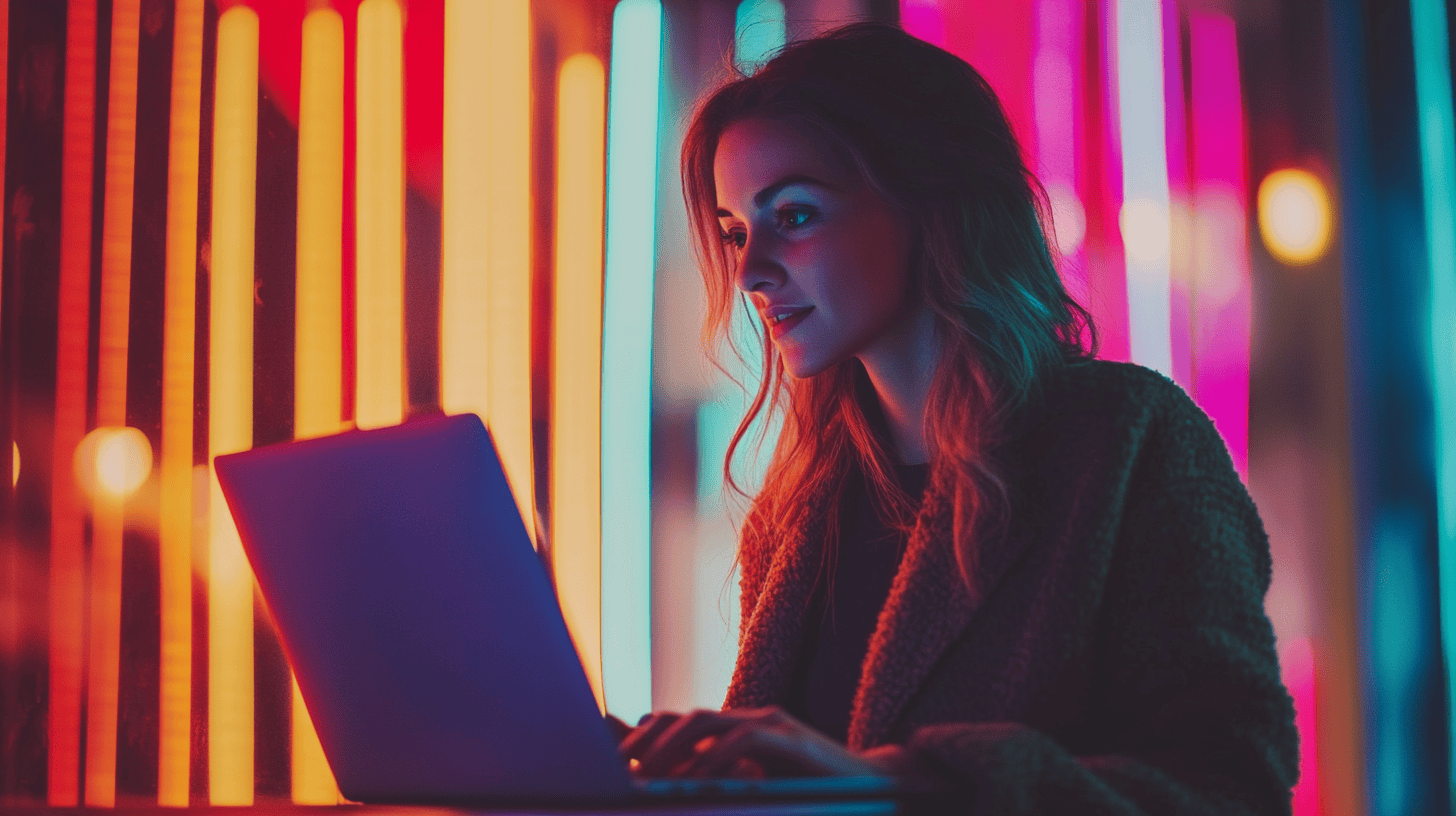 A woman with wavy hair types on a laptop, surrounded by colorful neon lights in a dark setting.