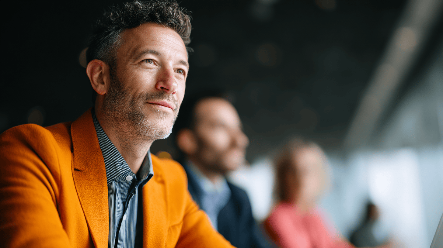 A man in an orange blazer looks thoughtfully to the side, with two blurred figures in the background.