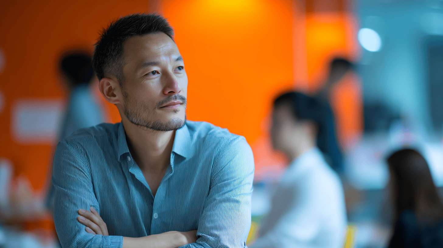 A man with short hair and a beard sits thoughtfully, wearing a blue striped shirt, with an orange background and blurred figures behind him.