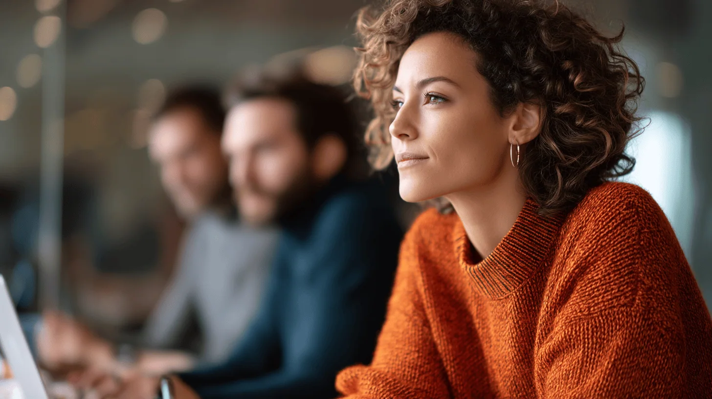 A woman in an orange sweater gazes thoughtfully, while two blurred colleagues work on laptops in the background.