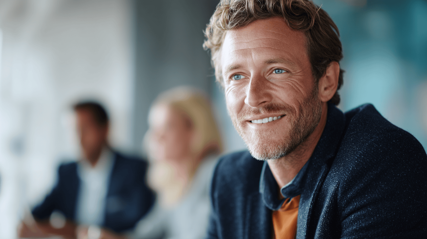 A smiling man with tousled hair sits in a modern office, while two blurred colleagues are visible in the background.