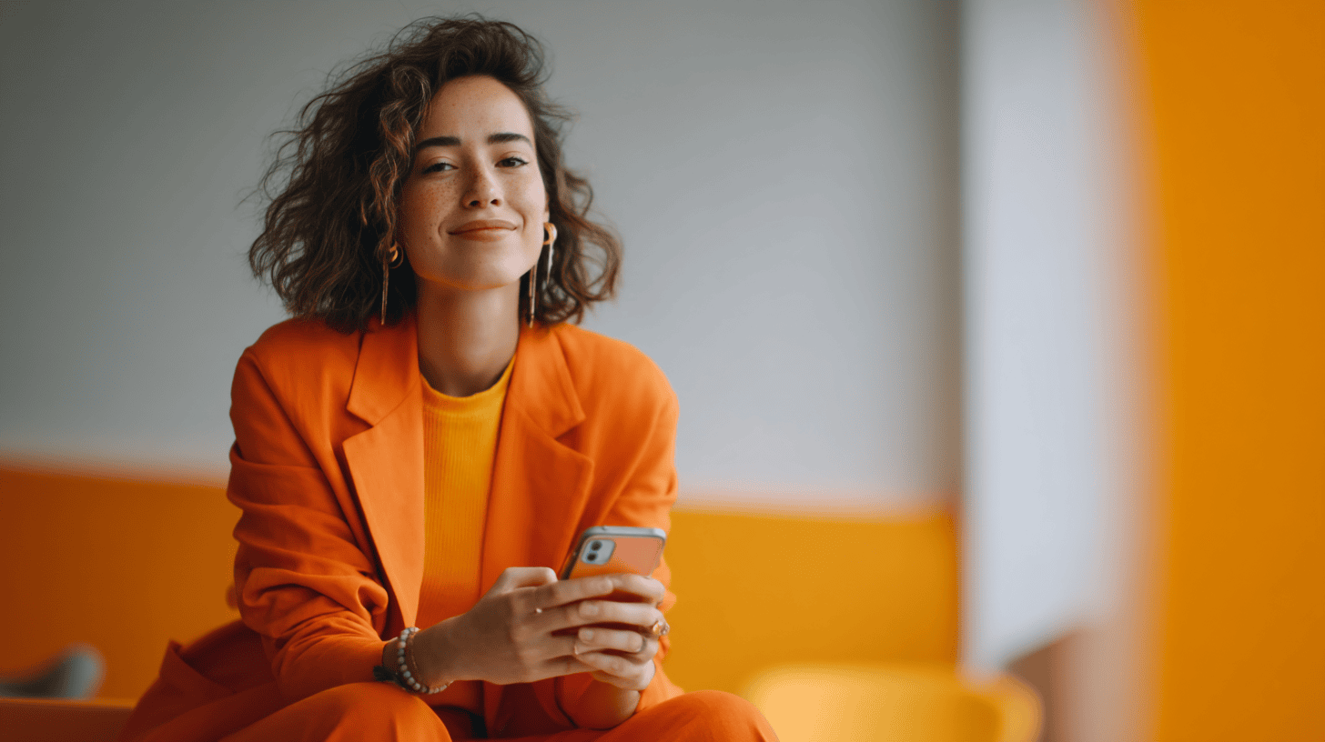 A smiling woman in an orange suit holds a smartphone, with a bright, colorful background in soft focus.