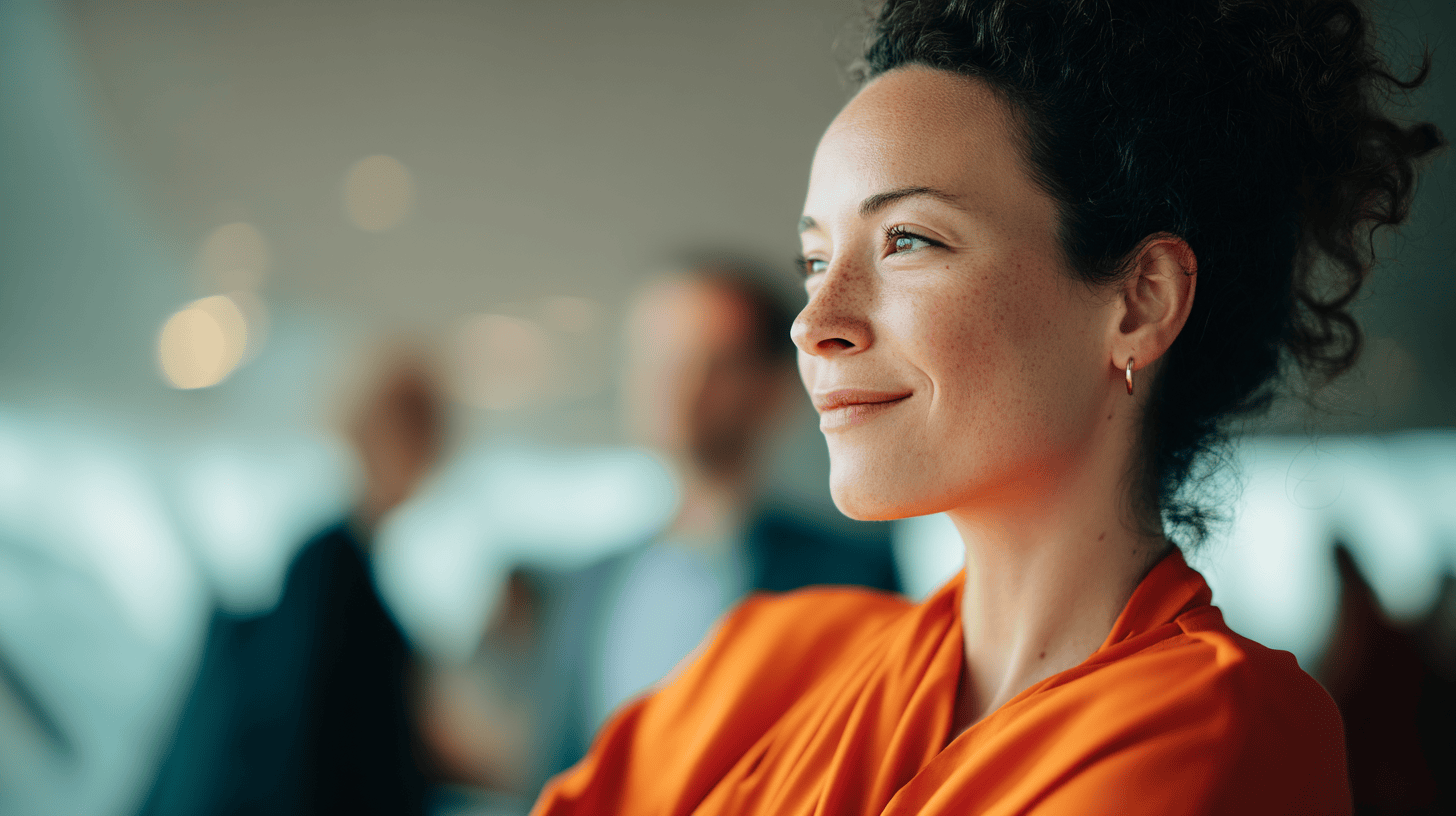 A woman with curly hair in an orange blouse smiles, with blurred figures in the background. Bright indoor lighting.