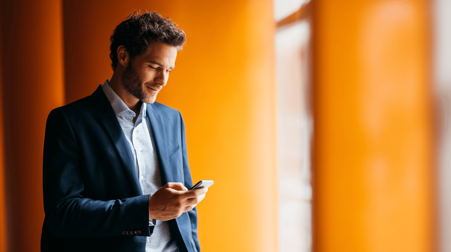 Man in a navy suit checks his phone while standing by an orange wall, with sunlight filtering through nearby windows.