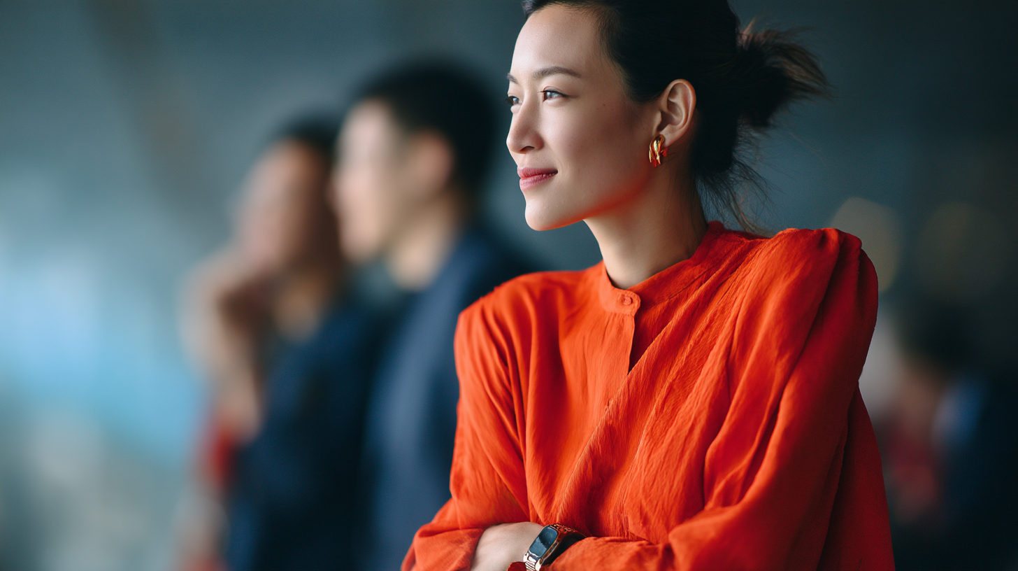 A woman in a bright orange blouse smiles while standing with others blurred in the background.
