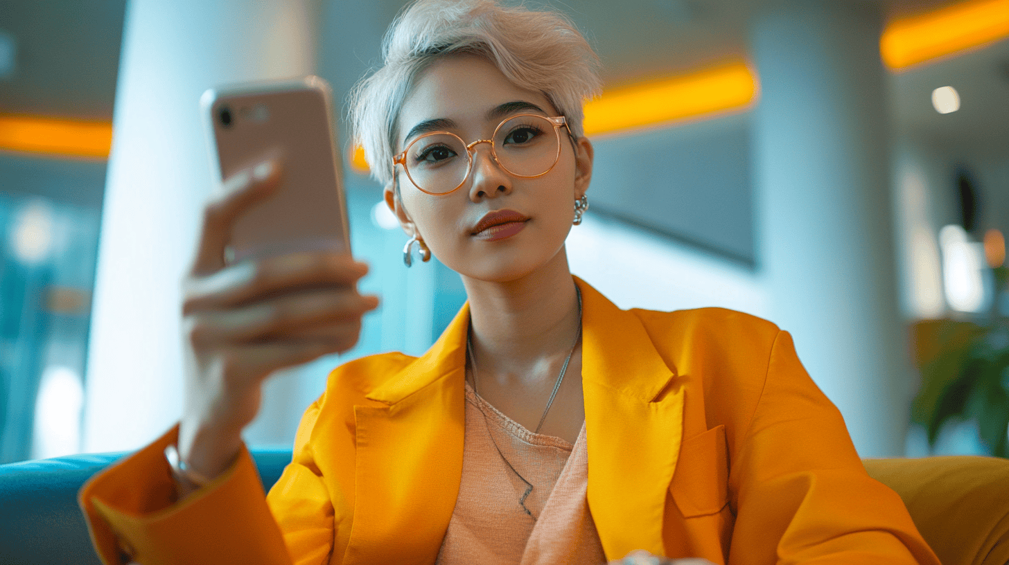 A young woman with short blonde hair, wearing glasses and an orange outfit, holds a smartphone and looks at the camera.