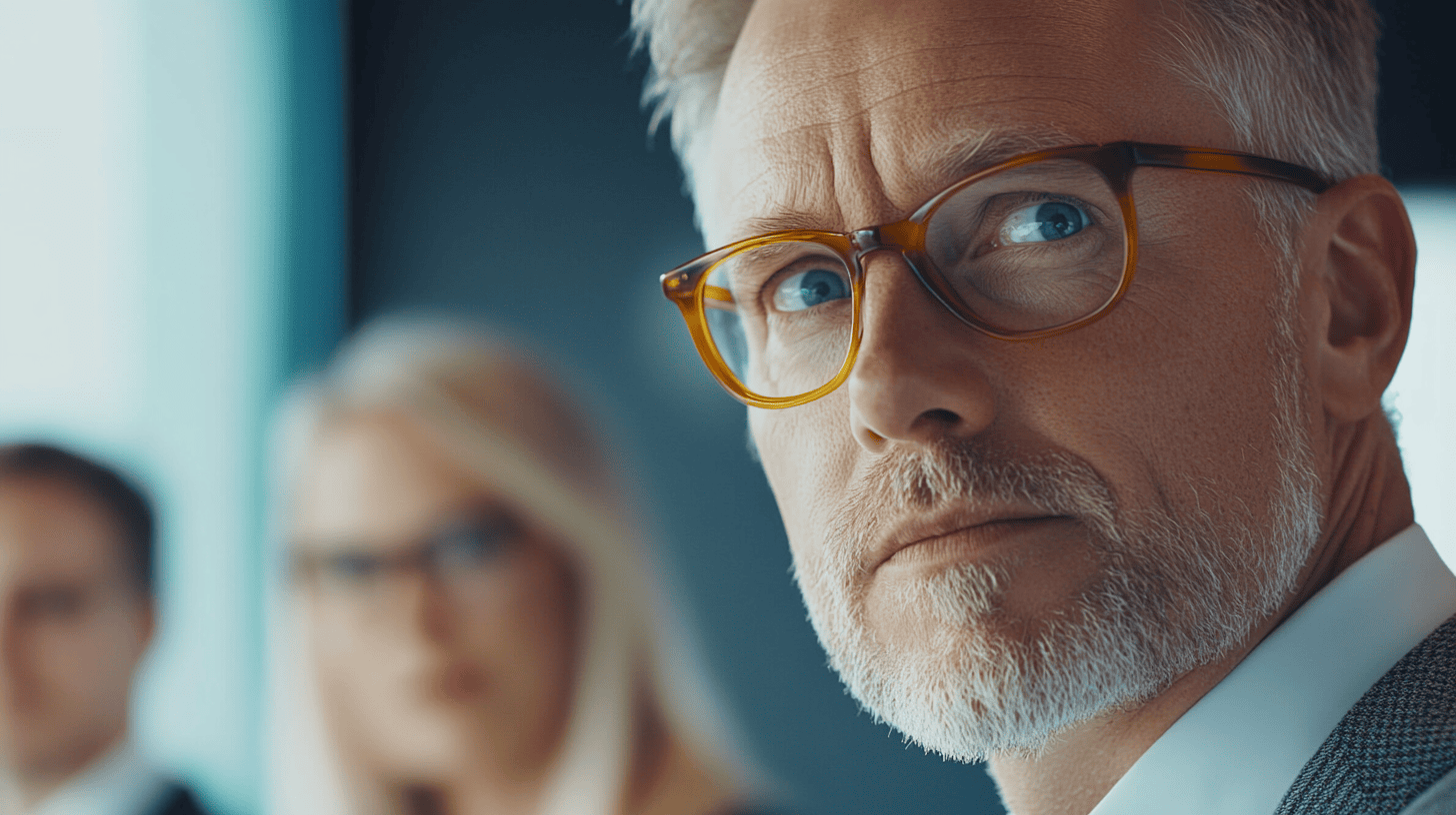 A focused middle-aged man in glasses stares intently, with blurred colleagues visible in the background.