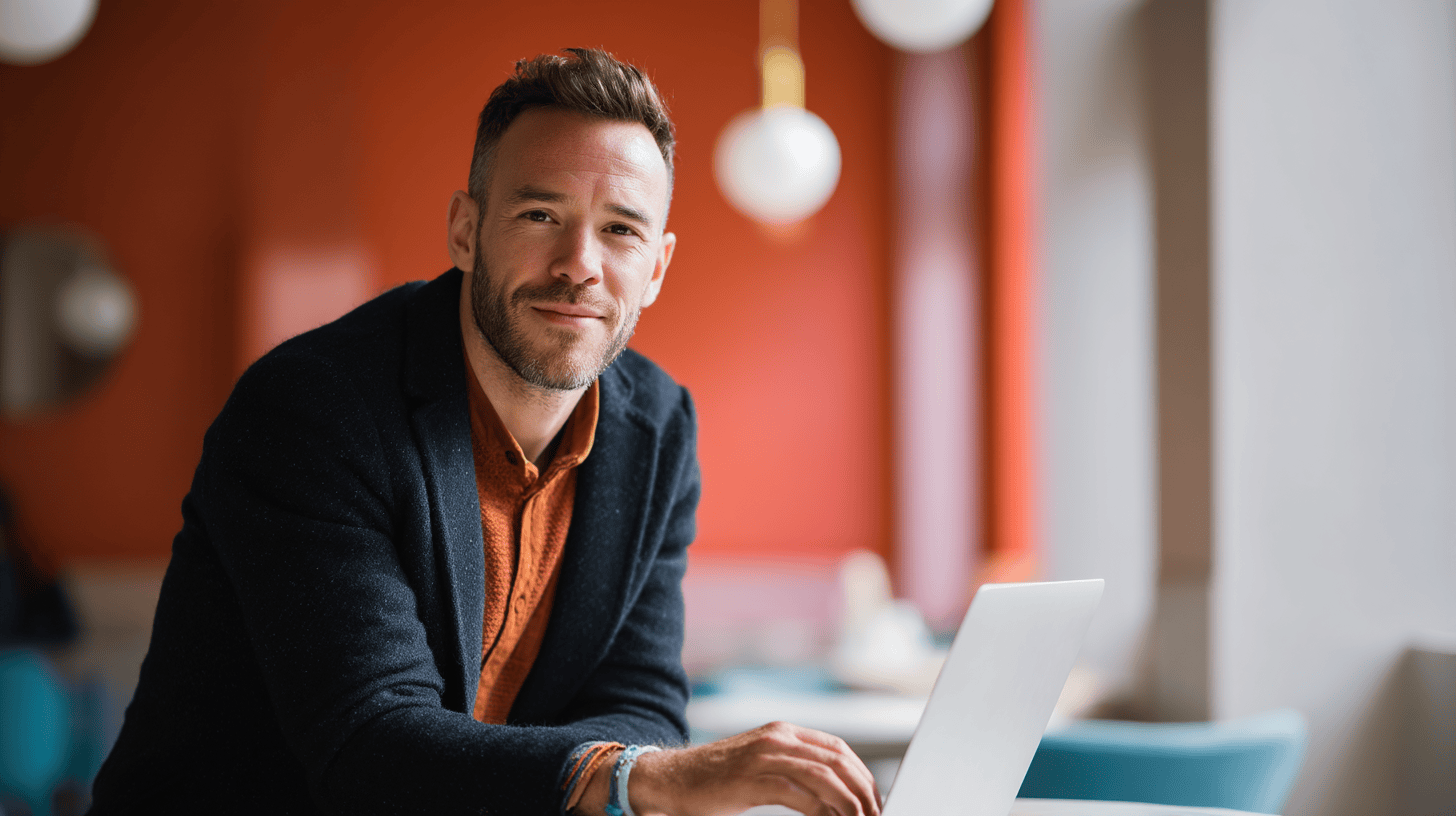 A man with a beard sits at a table in a cafe, smiling at the camera while typing on a laptop. The background is colorful.