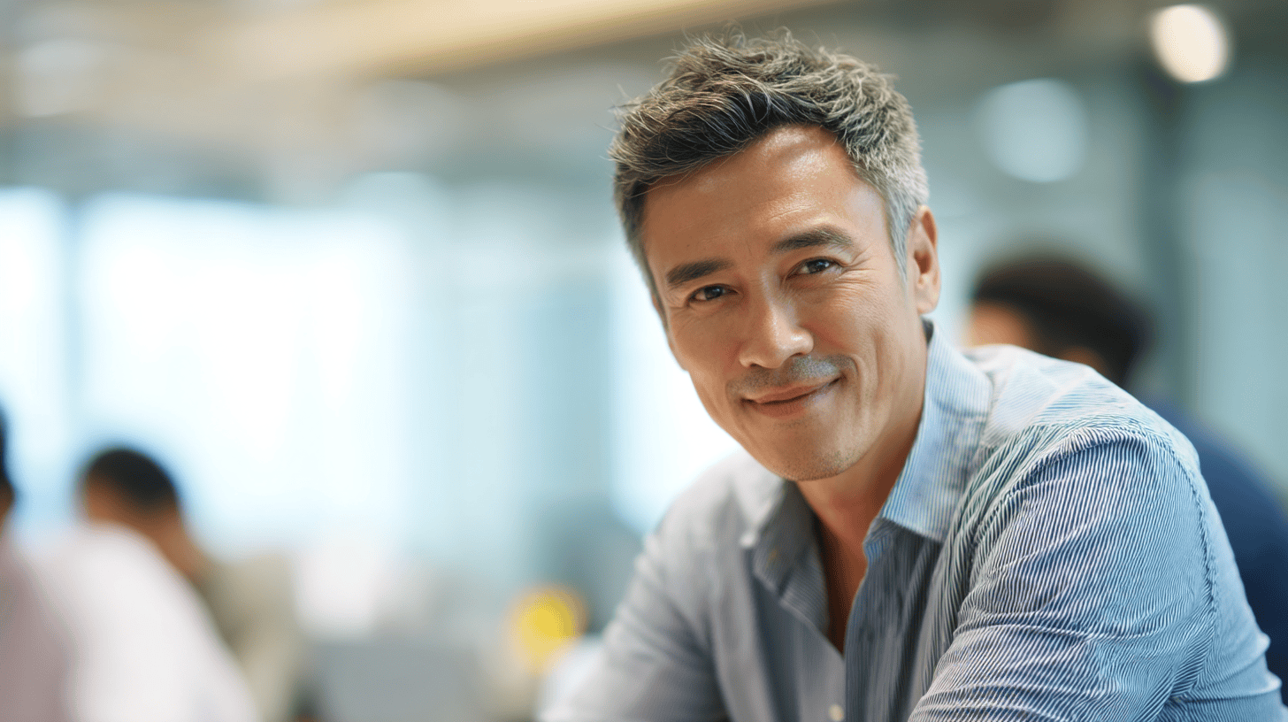 Smiling man in a blue striped shirt, sitting at a desk in a modern office with blurred colleagues in the background.