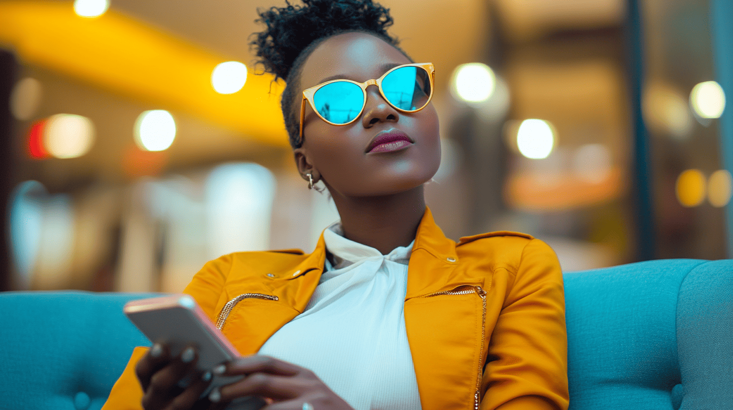 A woman with curly hair, wearing yellow sunglasses and a yellow jacket, holds a smartphone while looking upward.